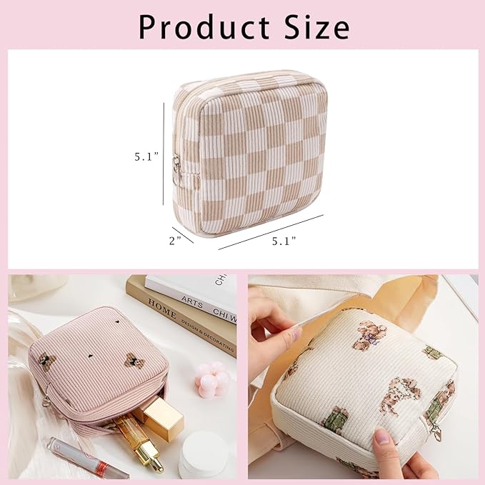 uekeboag Cute Small Corduroy Zipper Makeup Bag, Mini Coquette Aesthetic Pouch with Bear Pattern for for Purse,Key Pocket Lipstick Bag Card Holder Data Cable Organizer (09Beige Checker)