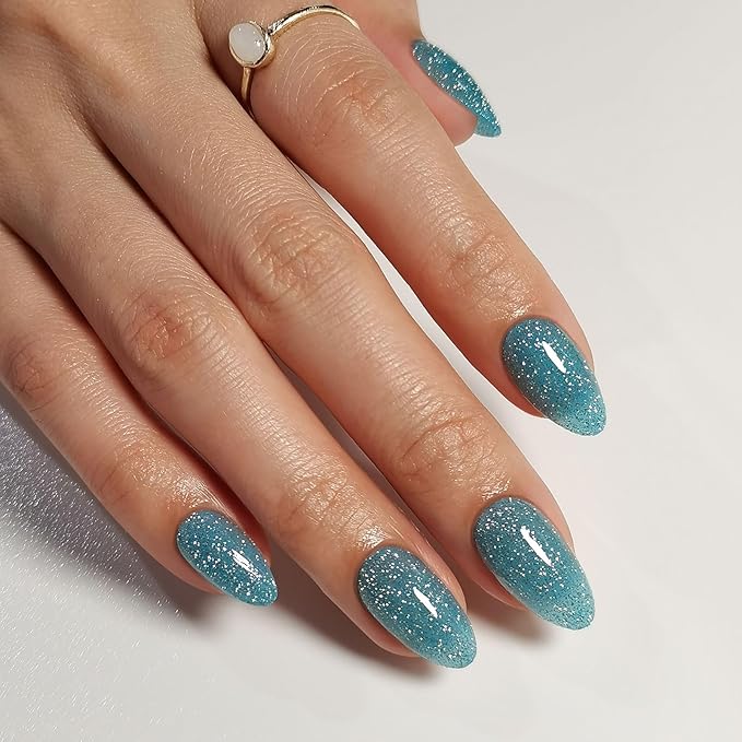 SHANGMENG Glitter Peacock Blue Press on Nails Almond Short with Sparkling Diamond - Soft Gel Fake Nails for Women Gift, Glossy Stick On Nails with Glue in 16 Sizes - 32 Reusable Nails, Peacock Blue