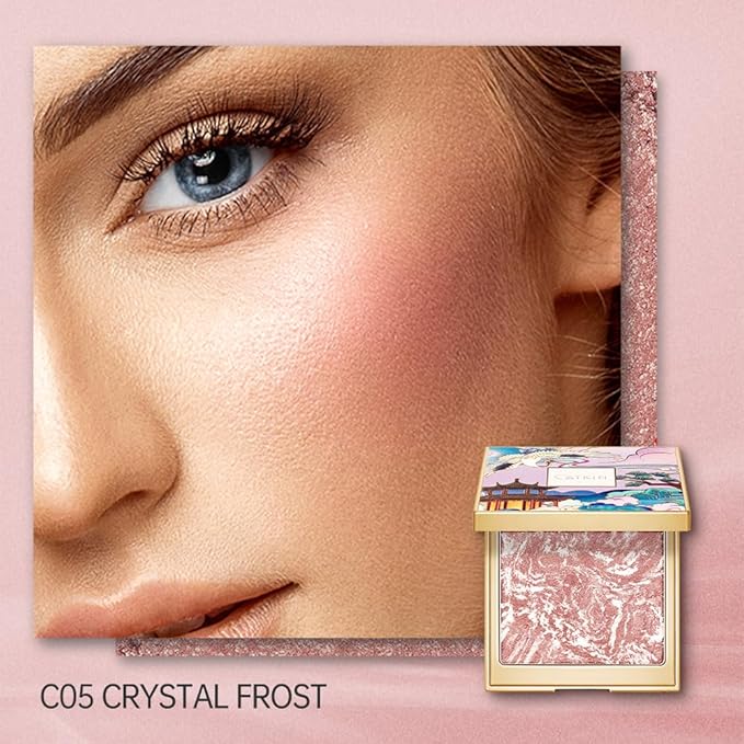 blush for cheek pink coral cheek color makeup powder blusher creamy texture long lasting shimmering glitter highlight 2 in 1 C05 Crystal Frost
