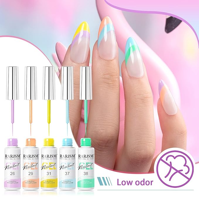 RARJSM Nail Art Gel Liner 24 Color Line Art Painted Gel Nail Polish Set Pink Blue Green Silver Gold Glitter for Nails Painting Drawing Soak Off U V L E D Curing Requires Bulid in Thin Nail Art Brush