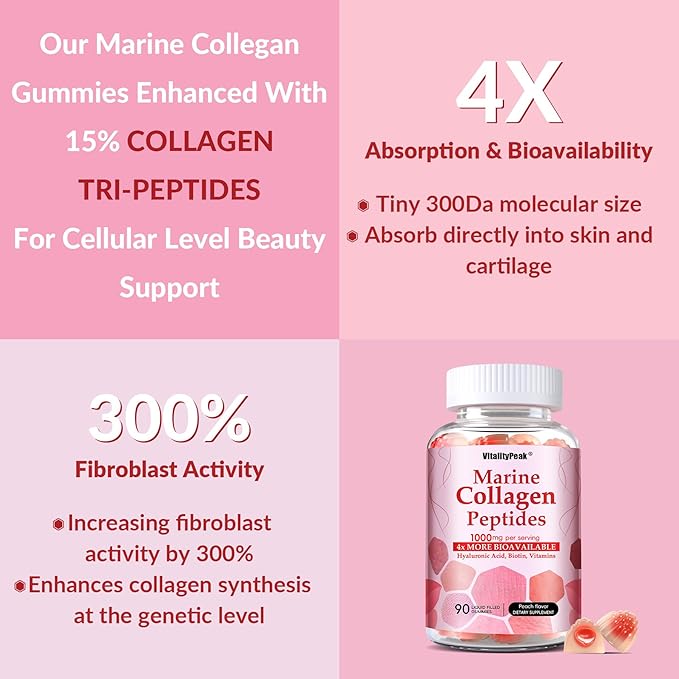 VitalityPeak Marine Collagen Gummies for Women- Hydrolyzed Collagen Peptides 1000mg with Biotin,Vitamin C, E, Hyaluronic Acid- Collagen Supplement for Healthy Skin Hair Nails- Sugar Free, 90 Counts