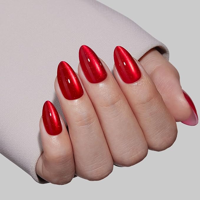 VSALON Press on Nails Short Almond - Red Cat Eye Chrome New Year Nails, Reusable Opaque Gel Fake Nails Kit with Glue & Cuticle Oil - 32 PCS Stick on Nails in 16 Sizes (Pulse red)