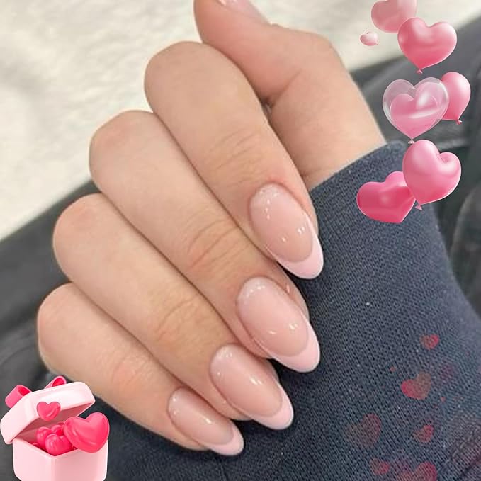 Modelones French Tip Press on Nails Short, Oval Valentines Fake Nails, Reusable Nail Kit with Nail Glue Adhesive Tabs Mini Nail File, Nails Press Ons 32Pcs 16Sizes, Women Girl Gift, Pink