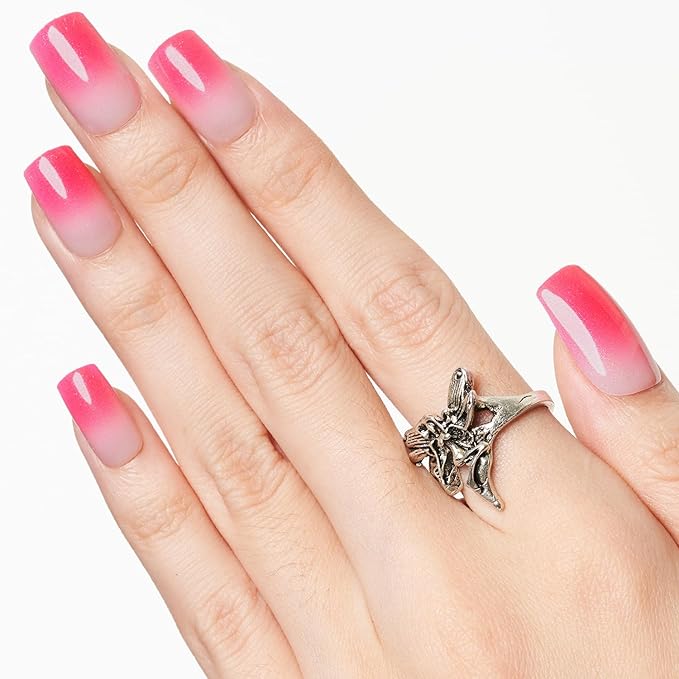 GLAMERMAID Hot Pink Crush Press on Nails Medium Square, French Tip Ombre Gel False Nals Shrimmer, Shrimmer Blush Glue on Nails Kit for Women, Reusable Stick on Acrylic Fake Nails Manicure Set
