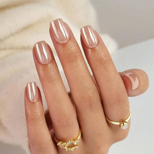 SHANGMENG Nude Chrome Press on Nails Square - Soft Gel Short Press on Nails for Women Gift, Fit Perfectly & Natural Glue on Nails in16 Sizes - 32 Reusable Fake Nails with Glue, Aurora Nude