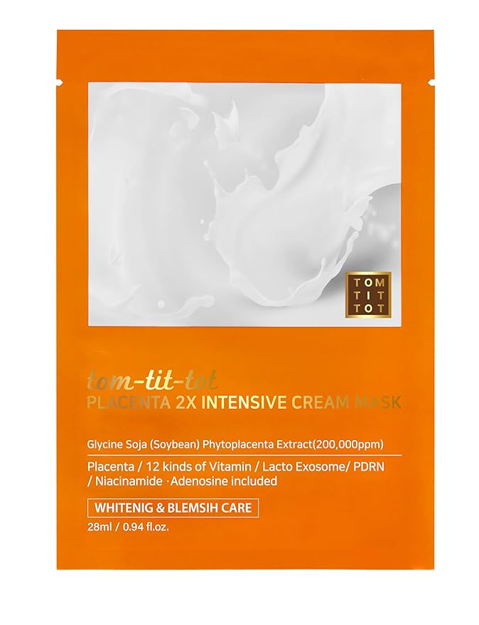 tom-tit-tot Placenta 2X Intensive Cream mask - Brightening and Anti-Aging, Soybean Phyto Placenta, 12 Vitamins and Niacinamide with Soft Tencel Sheet, Korean Premium Skin Care (28ml x 10pcs)
