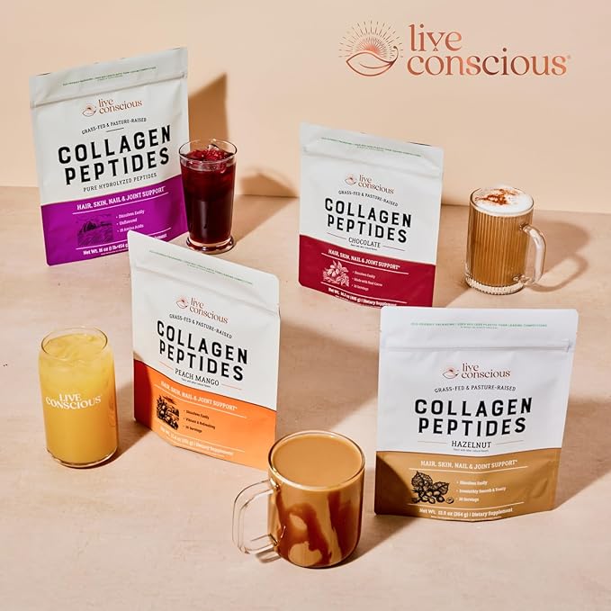 Live Conscious Collagen Peptides Powder - Hazelnut Flavored Collagen Powder - Hair, Skin, Nail, & Joint Support - Type I & III Grass-Fed Collagen Supplements for Women and Men - 30 Serving - 12.4oz