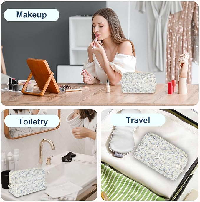 Quilted Makeup Bag Floral Cotton Make up Bag Puffy Coquette Makeup pouch Aesthetic Cute Travel Toiletry Bag for Women Girls