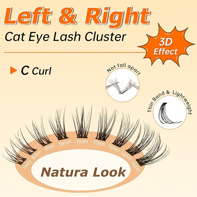 URNNE Wispy Lash Clusters, Lash Clusters Kit, Lash Extension Kit, C Curl Left & Right 180pcs 7-15 mm Individual Cluster Eyelash Extension with Bond and Seal, Tweezers, Remover