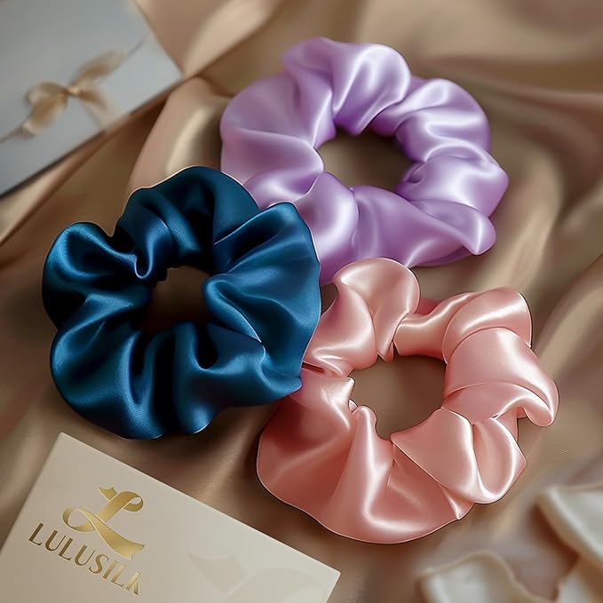LULUSILK Silk Scrunchies for Hair Sleep, 100% Real Mulberry Silk, No Damage Hair Ties for Women and Girls, Lavender Pink and Peacock Blue, Pack of 3