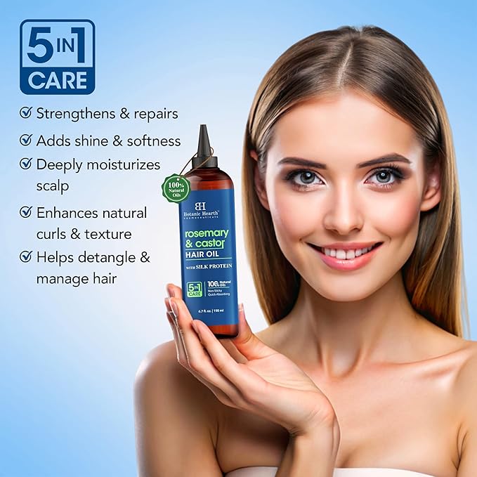 Botanic Hearth Hair Oil for Hair Growth & Hair Relaxer | Strengthening Dry, Frizzy, Damaged Hair & Scalp Treatment | Rosemary Castor Hair Oil – 6.7 Fl Oz