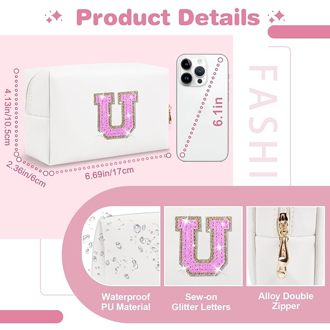 Small Initial Patch Makeup Bag Personalized Gifts Make Up Bag,White Cute PU Leather Glitter Letter Cosmetic Bag with Zipper,Trendy Portable Travel Toiletry Pouch,Preppy Stuff for Teen Girls Women U