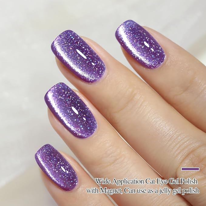 Double Rhythm Cat Eye Gel Polish with Magnet 15ML Jelly Glass Holographic Glitter Shimmer Translucent Sheer Color Magnetic Gel Polish Salon DIY at Home (Dark Purple-MC1066)
