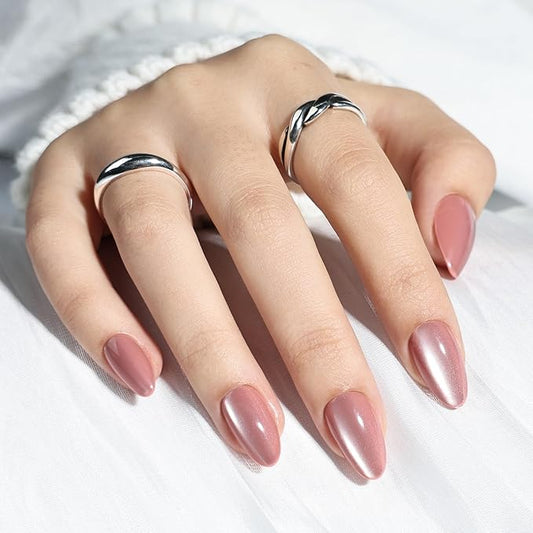 Leefrei Cat Eye Press On Nails - Glazed Pink Press On Nails Short Almond Nails Press Ons for Women Fake Nails with Glue, Glossy Reusable Glue on Nail in 16 Sizes - 32pcs, Blush Aurora