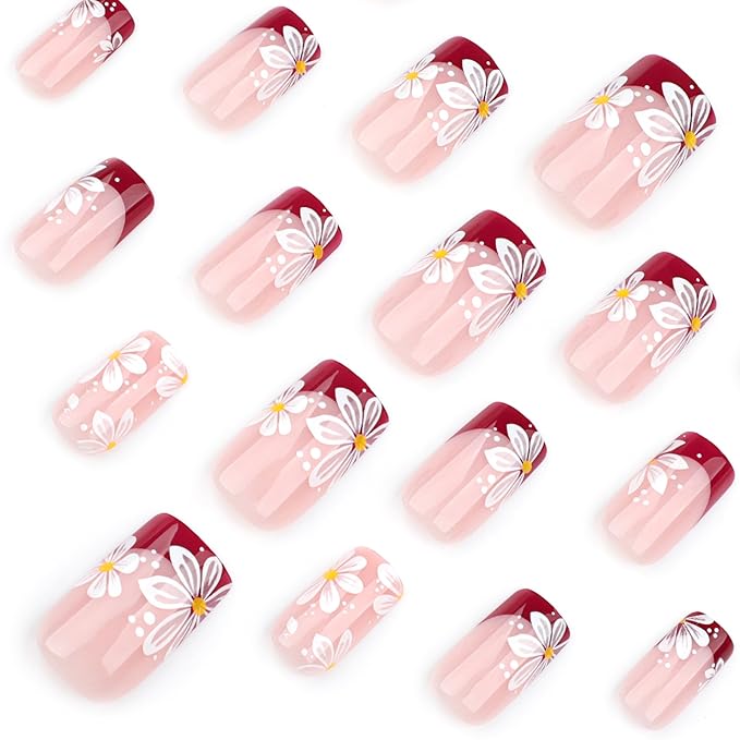 XZMeiLun Red French Tip Press On Nails Spring Summer Acrylic Nails for Women - White Flower Designer Fake Nails Short Square 24Pcs, Outing/Party Reusable Glue On Stick On Nail Gift For Women