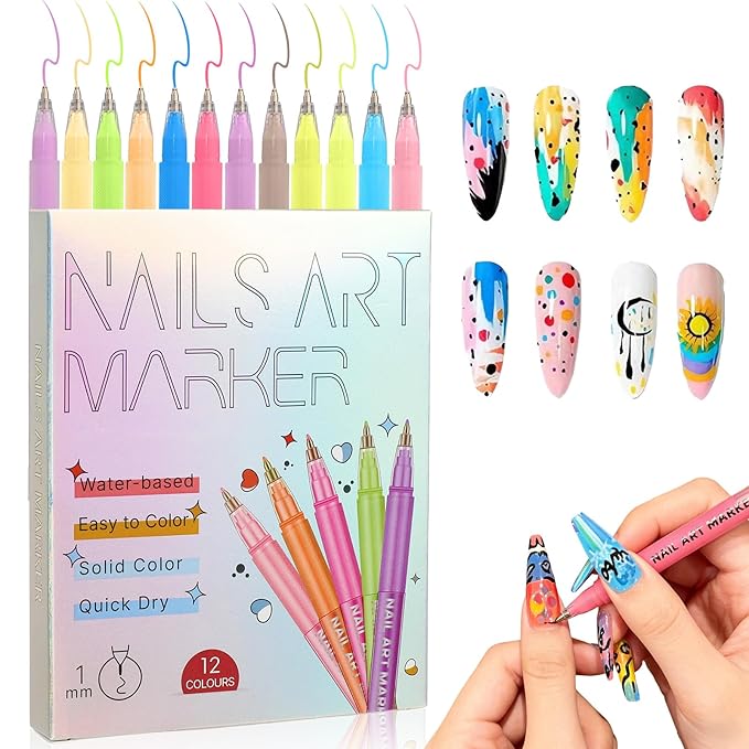 12 Colors Nail Art Pens Set, 2026 Nail Art Markers with Fine Tip,Nail Polish Pens Drawing Point Liner Painted Pen Kit,Quick Dry Nail Polish Pens for Drawing Painting,DIY Nails Art Design Manicure Tool