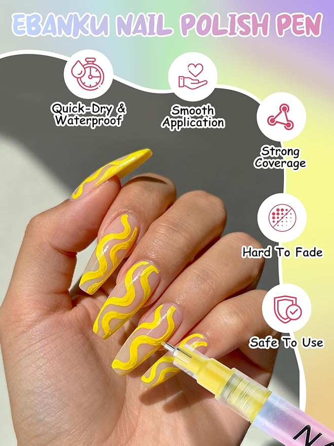 EBANKU 0.5MM Nail Art Pens, 3D Nail Polish Pen Quick-Drying Acrylic Markers Nail Painting Point Dotting Liner Pen Tools for DIY Home Salon Nail(1Pc Yellow)