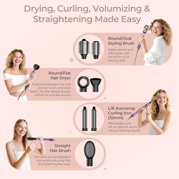 Vincofy 7-in-1 Hair Dryer Brush and 1500W Hair Styler Set – Fast Drying, Curling, Straightening & Volumizing – Hot Air Styling Tool with No Heat Damage – for All Hair Types – Purple