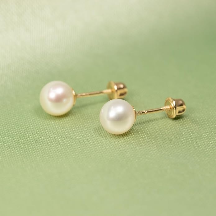 14k Gold Pearl Stud Earrings for Women (3mm-6mm Diameter) - Freshwater Pearl, Real Solid 14k Gold, Secure Screw Back Design