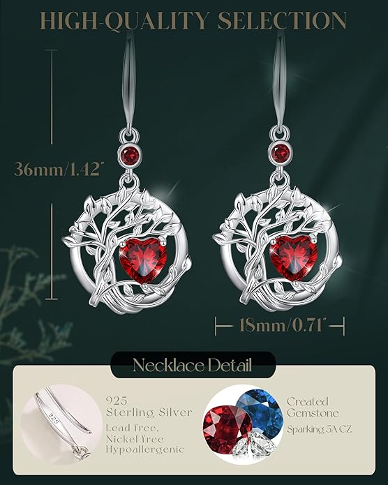 FANCIME Tree of Life Dangle Drop Earrings 925 Sterling Silver Dainty Round Gemstone Birthstone Earring Fine Jewelry Birthday Christmas Gifts for Her Women