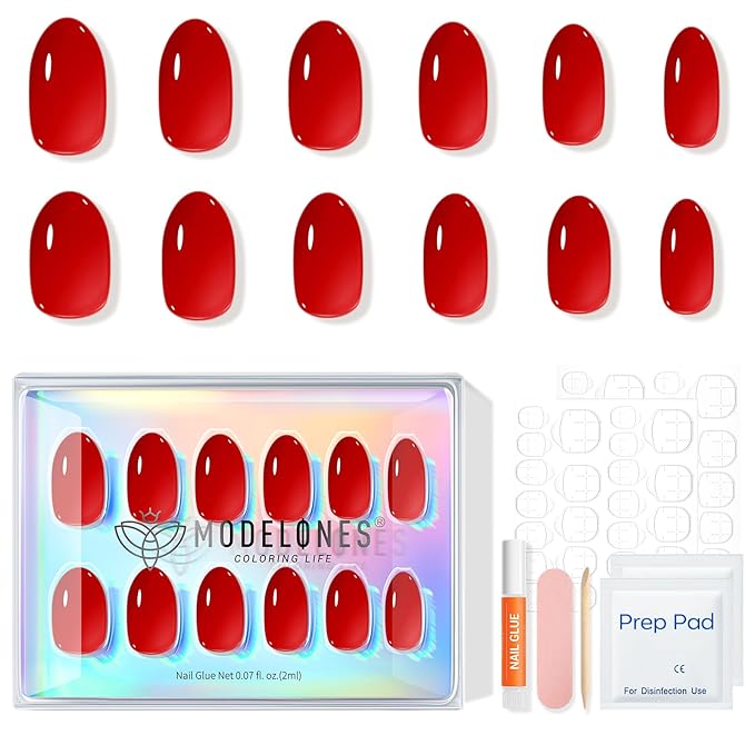 modelones Sheer Red Short Press on Nails, Semi-Transparent Oval Fake Nails Kit Press Ons with Nail Glue, Adhesive Tabs, Nail File, Prep Pad, Manicure Stick, 32Pcs 16 Sizes, Valentines