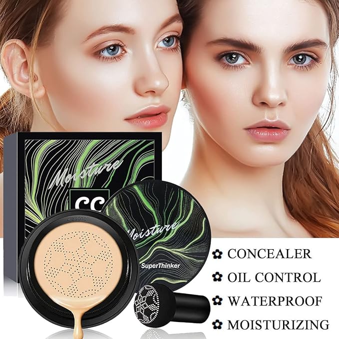 Air Cushion CC Cream Mushroom Head Foundation Makeup, BB Cream Face Makeup Foundation for Mature Skin, Moisturizing Natural Coverage, Tattoo cover up, Even Skin Tone for All Skin Types (Nude)
