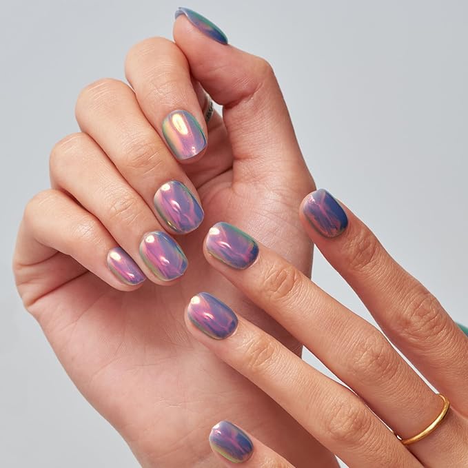 GLAMERMAID Blue Chrome Extra Short Press on Nails, Pearl Fake Nails Short Squoval, Glazed Handmade Jelly Gel Square Glue on Nails, Pure Purple Acrylic False Nails, Glossy Round Fake Nail for Women