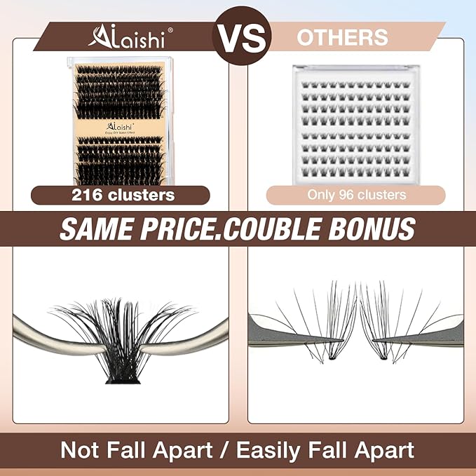 AILAISHI Lash Clusters Kit, DIY Cluster Eyelash Extensions 10‑20mm, 80D+100D, 216pcs Fluffy D Curl Natural Lashes with Bond & Seal,Tweezers–Fake Cat Eye Individual Clusters