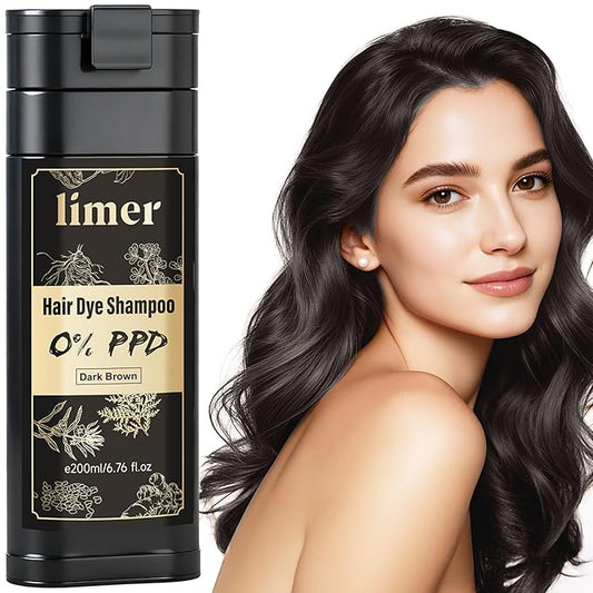 Limer Hair Dye Shampoo Dark Brown Color, PPD-Free for Sensitive Scalp, 6 in 1 Herbal Gentle Formula Gray Coverage for Men Women, Ammonia-Free, Semi-Permanent (6.76fl oz/200ml)