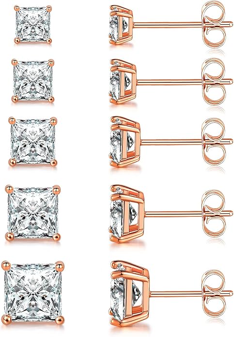 MDFUN 5 Pairs Square Earrings Set for Women Hypoallergenic 18K White Gold/Yellow Gold/Rose Gold Plated Princess Cut Clear Cubic Zirconia Stud Earring 3-7MM Pack of 5