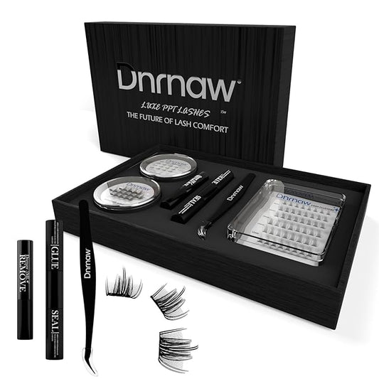 Dnrnaw Lash Clusters Kit for Sensitive Eyes - Salon-Quality DIY Eyelash Extensions, Waterproof & Hypoallergenic, | Includes 8-16mm Wispy & Fluffy Clusters, Adhesive, Seal, Tools (Natural-(black box)