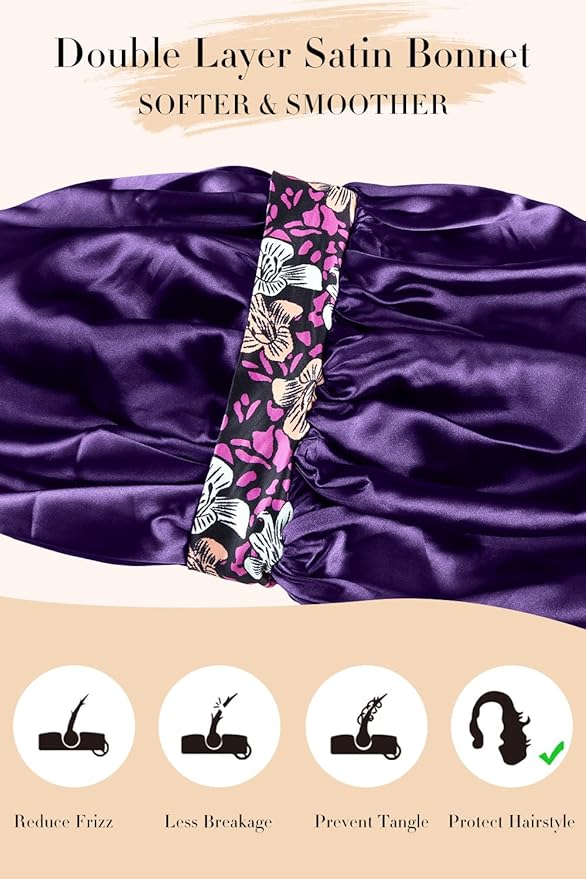Double Layer Silk Bonnet with Tie Satin Lined Sleep Cap Hair Cover for Women's Curly Natural Hair