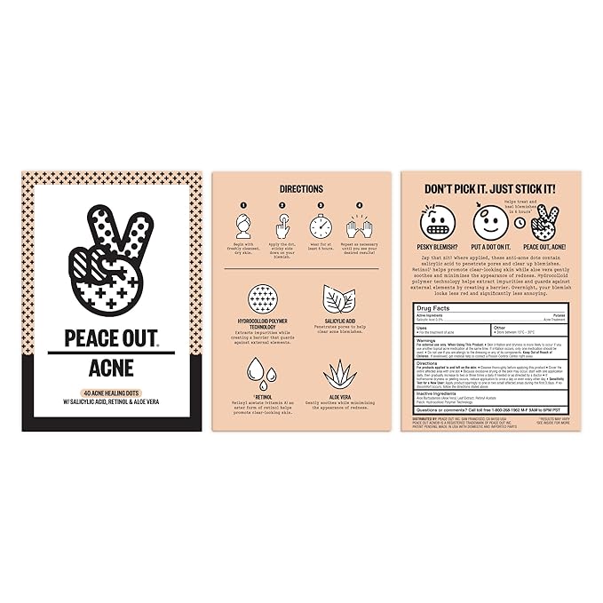 PEACE OUT Acne Healing Dots Hydrocolloid Pimple Patches, Acne Spot Patches with Salicylic Acid, Retinol, and Aloe Vera for Blemishes and Breakouts, 40 Count