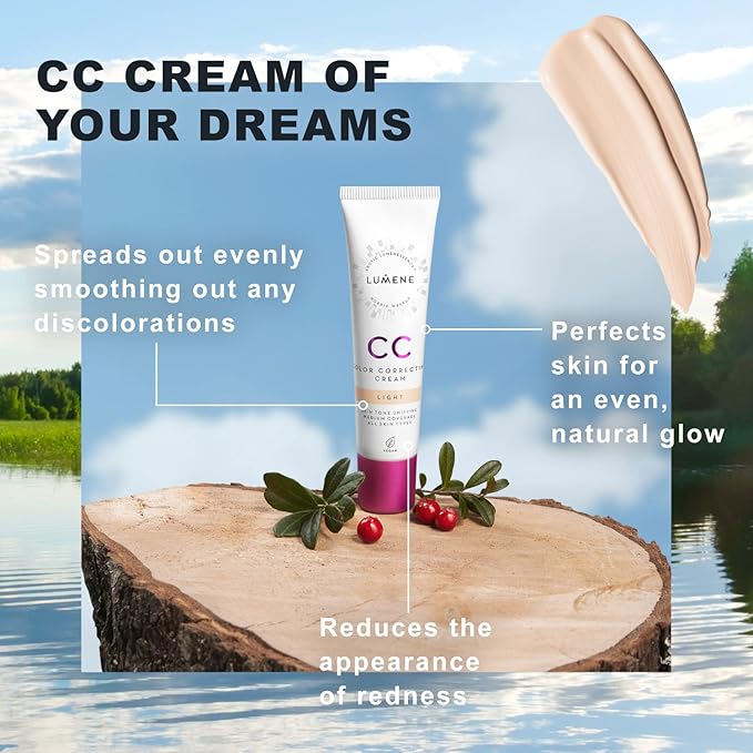 Lumene Color Correcting CC Cream - Lightweight Foundation - Medium Coverage - Redness Reducing Face Makeup for a Glowing Complexion - Vegan Formula + Suitable for All Skin Types - Light (1 fl oz)