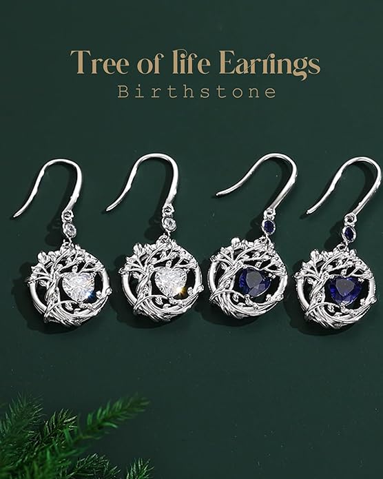 FANCIME Tree of Life Dangle Drop Earrings 925 Sterling Silver Dainty Round Gemstone Birthstone Earring Fine Jewelry Birthday Christmas Gifts for Her Women