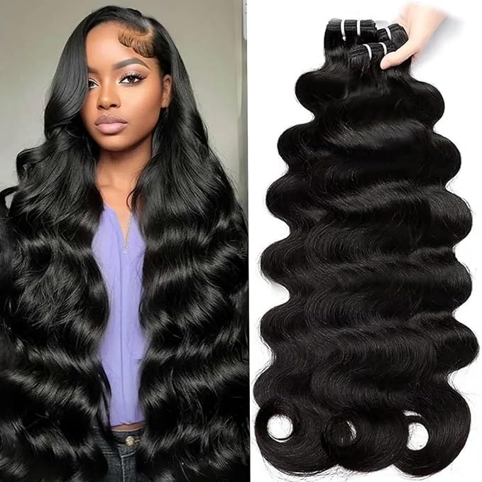 Saiclout 12A Body Wave Bundles Human Hair 100% Unprocessed Brazilian Virgin Human Hair Bundles Quick Weave Extensions Natural Color Deals Human hair For Women 24 26 28 30 Inch