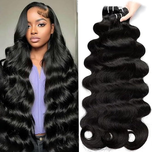 Saiclout 12A Body Wave Bundles Human Hair 100% Unprocessed Brazilian Virgin Human Hair Bundles Quick Weave Extensions Natural Color Deals Human hair For Women 24 26 28 30 Inch