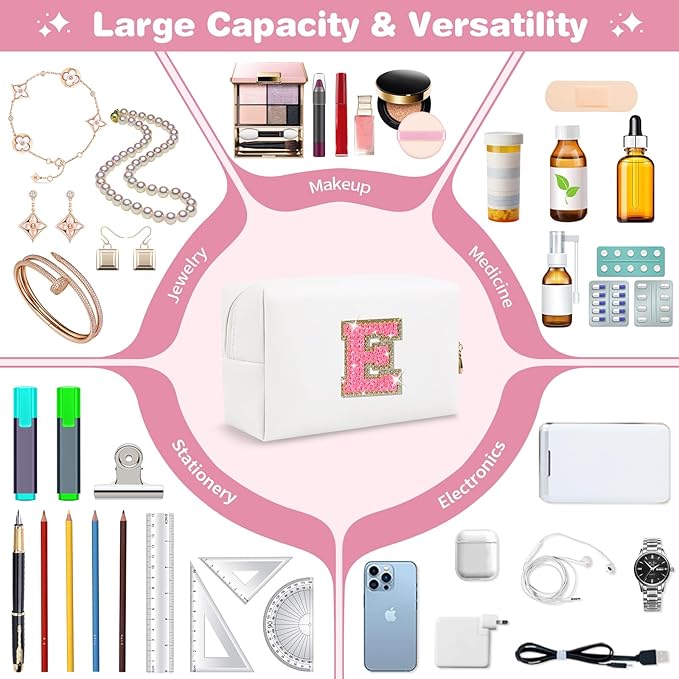 Small Personalized Initial A-Z Patch Makeup Bag,White Cute PU Leather Glitter Letter Cosmetic Bag for Teen Girls,Travel Toiletry Bag with Zipper,Preppy Monogrammed Birthday Gift for Daughter Niece E