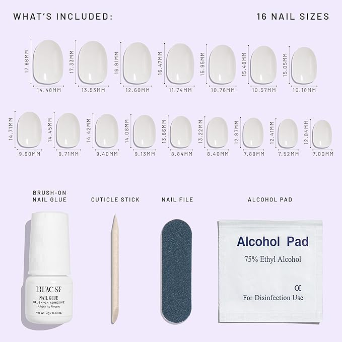 Lilac St - Press on Nails, Pillow Talk (30 Nails, 15 Sizes) - Short, Round, Glossy, Opaque - Brush-On Nail Glue, Nail File, Cuticle Stick, Prep Pad - Cruelty Free, Vegan, Women Founded