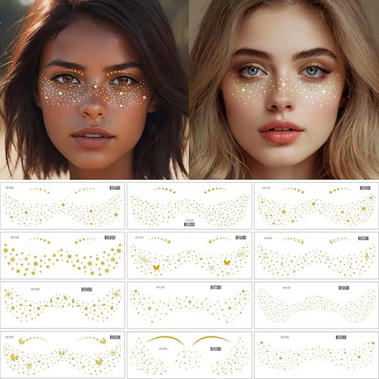12 Pcs Gold Glitter Freckle Face Tattoo, Glitter Freckles Metallic Face Temporary Tattoo Sticker, Sparkle Makeup Patches Waterproof Gold Freckles Face Tattoos Stickers for Women Party Decor 654