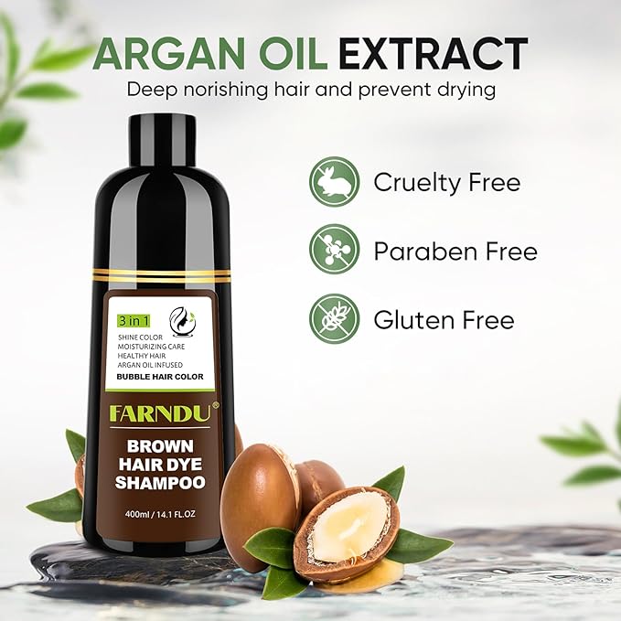 Farndu Brown Hair Dye Shampoo for Women Men, Gray Hair Coverage, Natural Herbal Ingredients