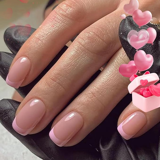 Modelones French Tip Press on Nails Short, Square Valentines Fake Nails, Reusable Nail Kit with Nail Glue Adhesive Tabs Mini Nail File, Nails Press Ons 32Pcs 16Sizes, Women Girl Gift, Pink
