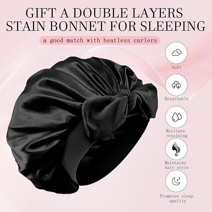 No Heat Overnight Curls with Double Layer Satin Bonnet - Soft Hair Curlers to Sleep In, heatless Curling Rods Set + Silk Bonnet for Women & Girls Long Hair, Heatless Waves & Volume (Black)