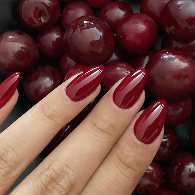 GLAMERMAID Dark Red Press On Nails Short Almond, Valentines Blood Deep Red Handmade Soft Jelly Gel Fake Nails Burgundy, Round Oval Stick Glue on Nails Kit for Women Girl Gift, Reusable False Nail Set