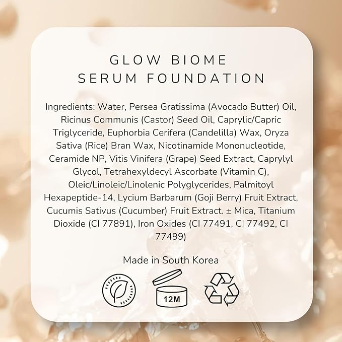 Emani Glow Biome NAD+ Serum Foundation for Sensitive Skin, Lightweight Skin-Like Coverage, With Vitamin C, Peptides, Ceramides, Avocado Oil, Refillable Compact, 0.63 fl oz, Natural Glow