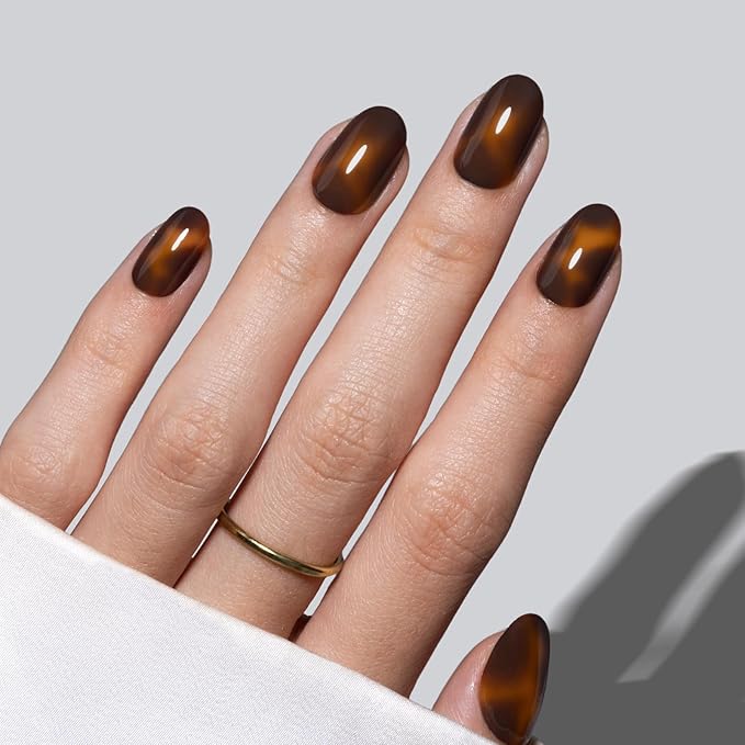 SHANGMENG Tortoise Shell Press on Nails Short - Soft Gel Oval Press on Nails for Women, Seamless Fit & Glossy Glue on Nails 16 Sizes - 32 Reusable Fake Nails Kit with Glue, Amber Memory