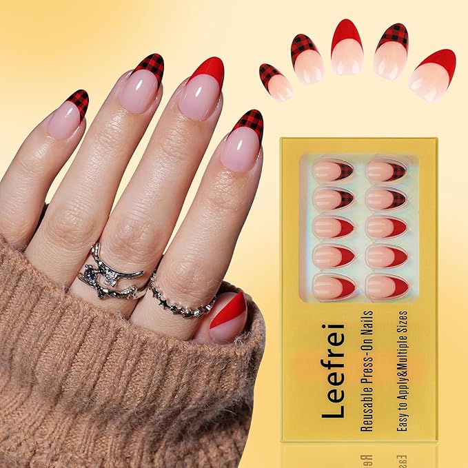 Leefrei French Tip Press on Nails - Glossy Red Press on Nail, Short Almond Fake Nails Reusable Nails Press ons for Women, 32 Pieces in 16 Sizes False Nails Kit with Glue, Tartan Cheer