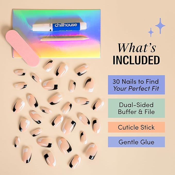 Chillhouse - Chill Tips, Press on Nails Kit - Black Tie Affair (Oval) - 24 Nail Shapes & Sizes - Up to 2 Weeks of Wear - Customizable Fit - Reusable - Latina Founded & Women Owned - Beauty & Self Care
