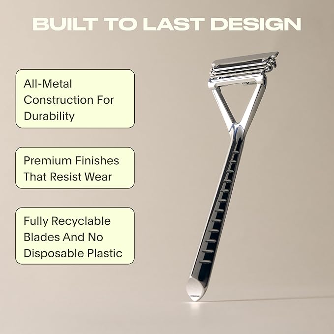Leaf Shave | Leaf Razor Set, All-Metal Safety Razor with Pivoting Head & Adjustable Blade Loading, Includes Matching Stand, 50 Single-Edge Refills, and Recycling Bank for Used Blades - Mercury