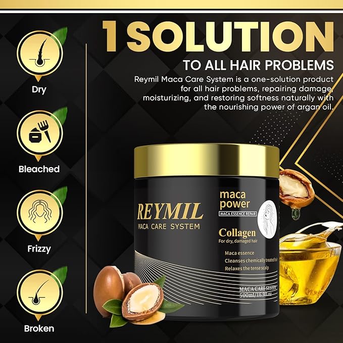 REYMIL Collagen Hair Mask - Deep Conditioning Treatment with Argan Oil - Repairs Dry & Damaged Hair, Softens & Adds Shine, and Fights Frizz - For All Hair Types - 500ml / 16.9 oz